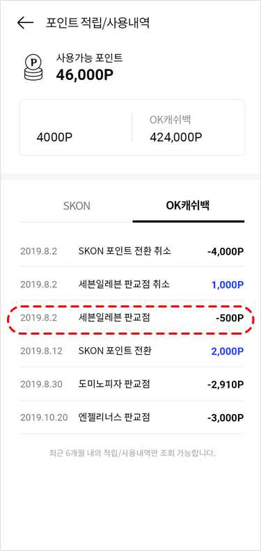 Usage history of OK Cashbag